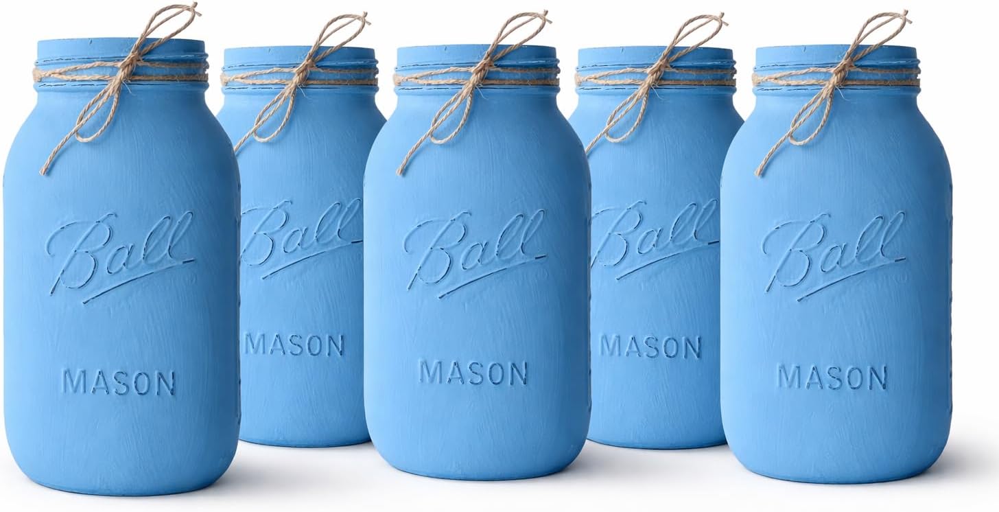 Blue Mason Jars for Centerpieces | Set of 5 Table Centerpieces | Quart 32 oz Rustic Mason Jars, 7" | Baby Boy Centerpiece Vases | Blue Vases for Bridal Shower, Wedding (Light Blue - No Flowers)