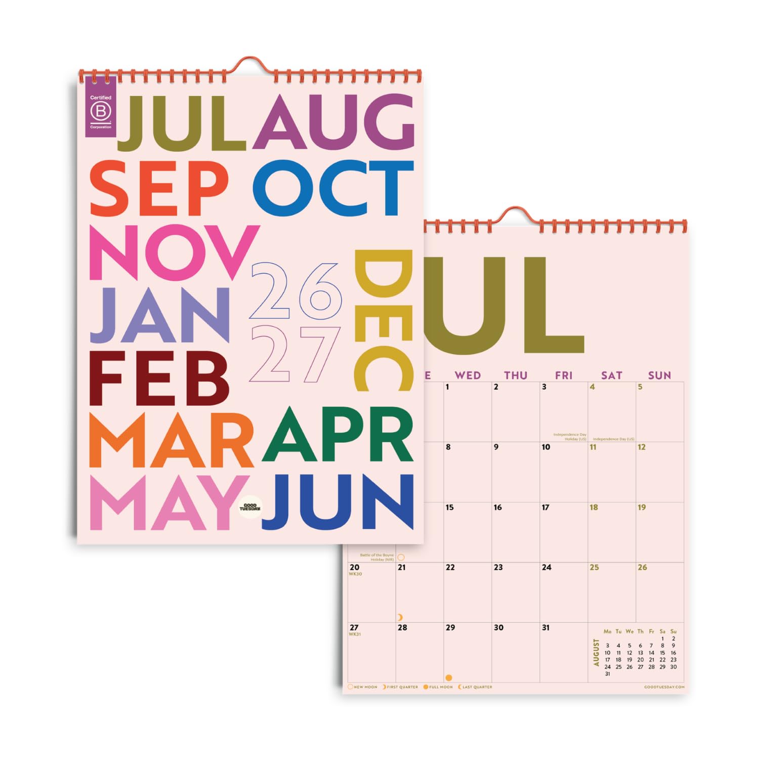 Good Tuesday - 2026-2027 Simply Bright A4 Mid Year Calendar, Colourful Portrait Wall Calendar, Monday Start, UK & US Holidays, Week Numbers, Moon Phases, Recycled Paper, Made in the UK