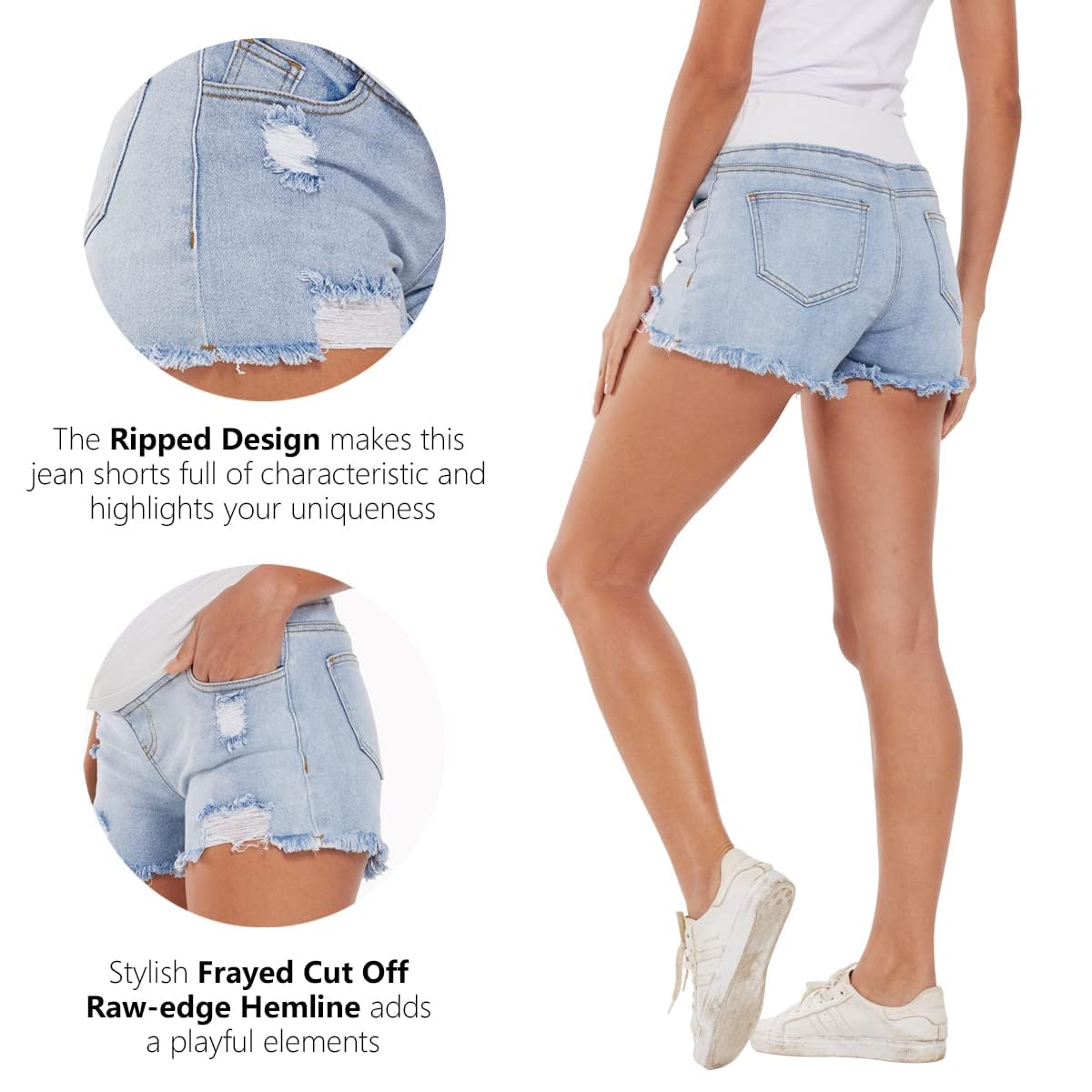 Short en Jean de Maternité Grossesse Femme Short de Pantalon Mode Grossesse Jeans Taille Basse D'été Ourlet Brut