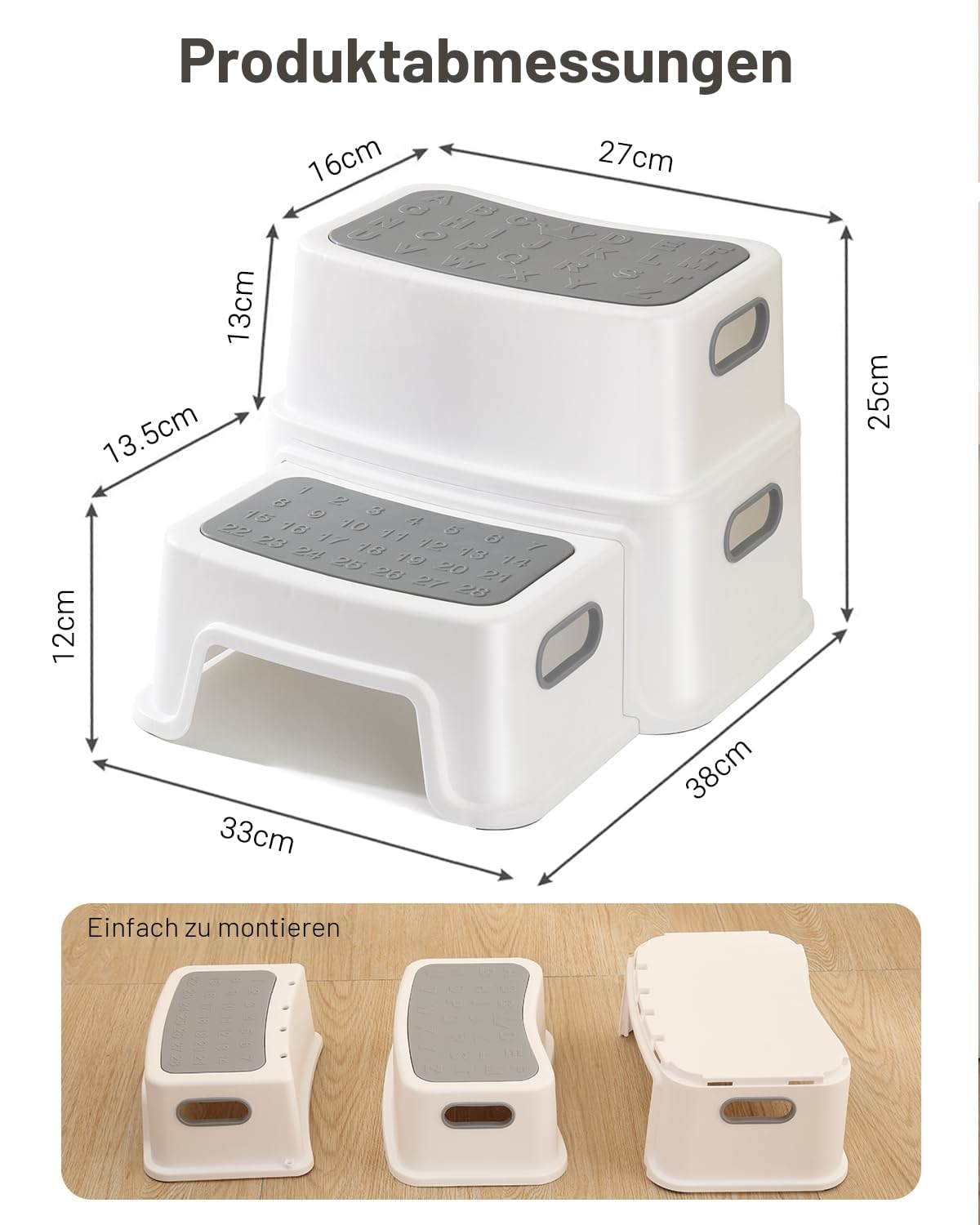 Tritthocker Kinder 2 Stufen, Robuster Hocker Zweistufiger Tritthocker für Badezimmer, Waschbecken und Toilette, Anti-Kipp und Anti-Rutsch, Sicherer für Kleinkinder Polypropylen (PP) Weiß
