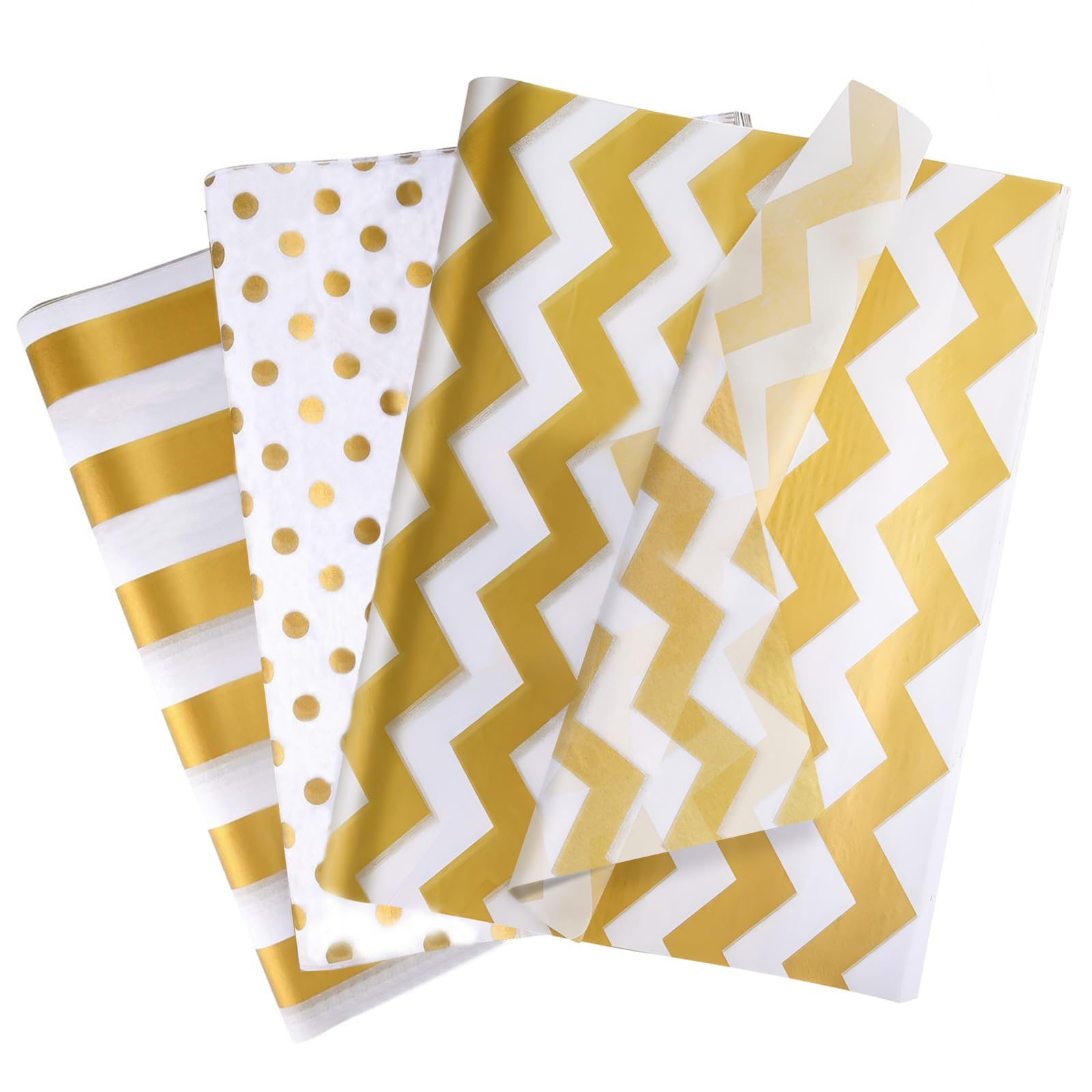 60 Sheets Tissue Paper for Gift Bags, White with Gold Strips, Waves, Dots Art Tissue Paper Bulk for Decoration DIY Crafts Birthday Wedding Packaging, 14 X 20 Inch