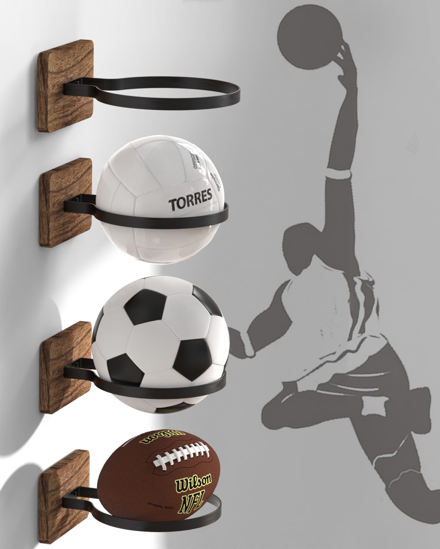 AIDILI Basketball Holder Wall Mount, Basketball&Football Holders for Display, Garage Ball Holder for Basketball, Football, Soccer, Volleyball (4 Pack)