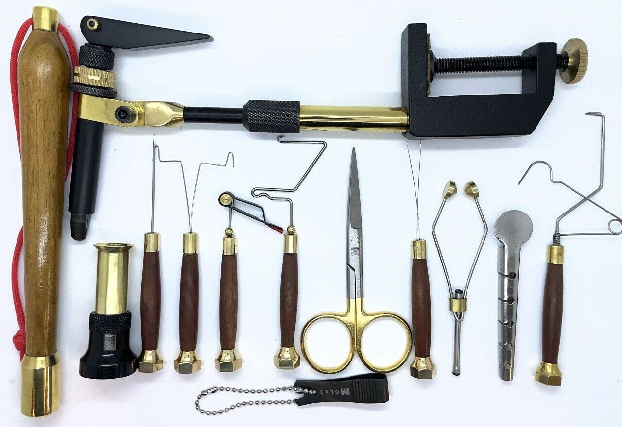 OlaxWooden Fly Tying Tool Kit in a Carry Bag, Built-in clamp Vise, Bodkin, Dubbing Tools, Threader, Bobbin Holder