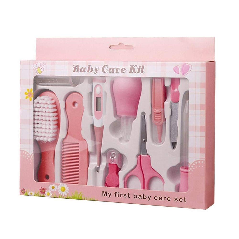 TEEROVABaby Grooming Kit 10pcs Newborn Nursery Health care Set Baby Nail Clipper File Scissor Tweezer Thermometer Brush Comb (Pink)