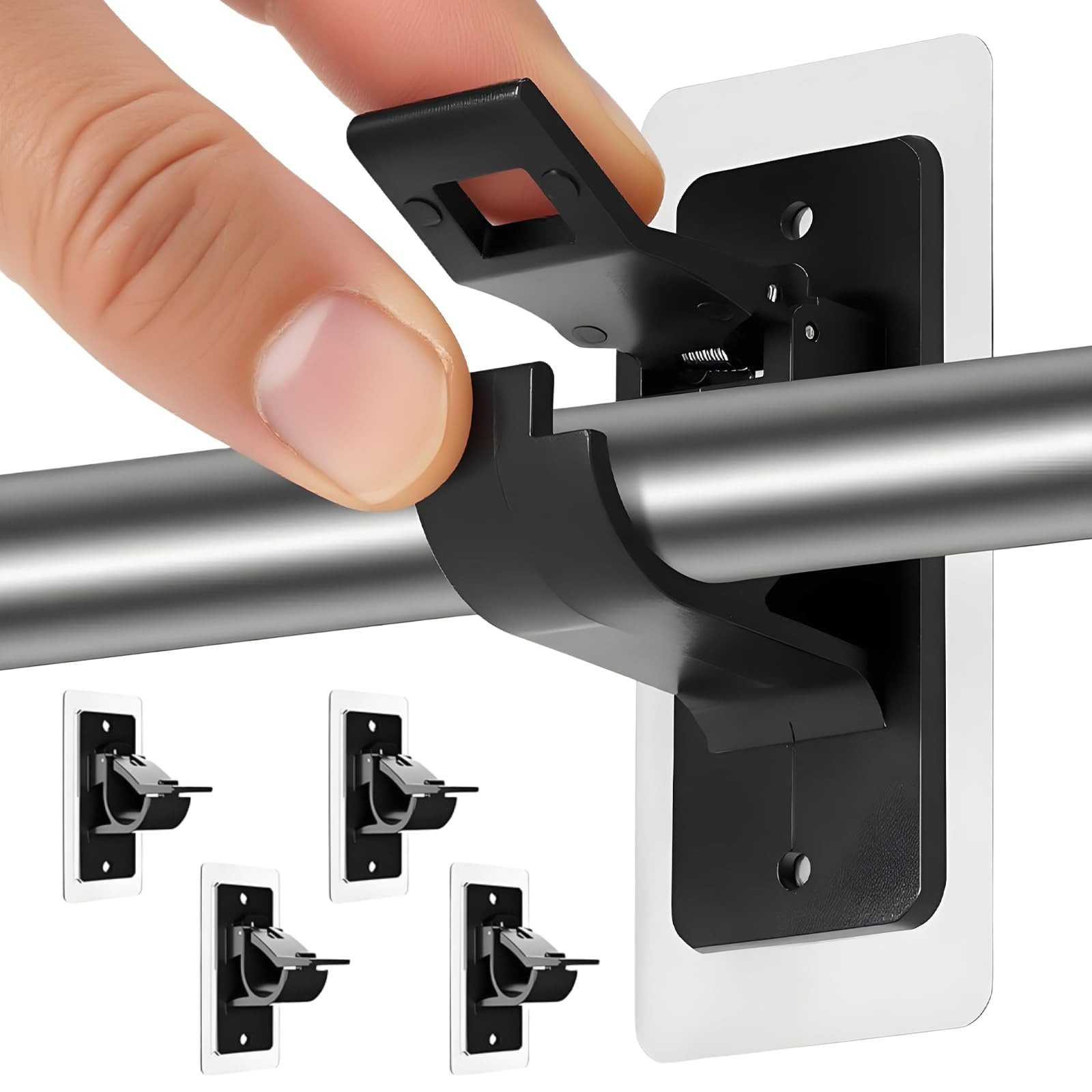 4 PCS Self Adhesive Curtain Hooks, No Drill Curtain Pole Brackets No Drill Curtains Pole with Self Adhesive Brackets Easy Install Poles Bracket for Living Room, Windows Swinging Doors Accessories