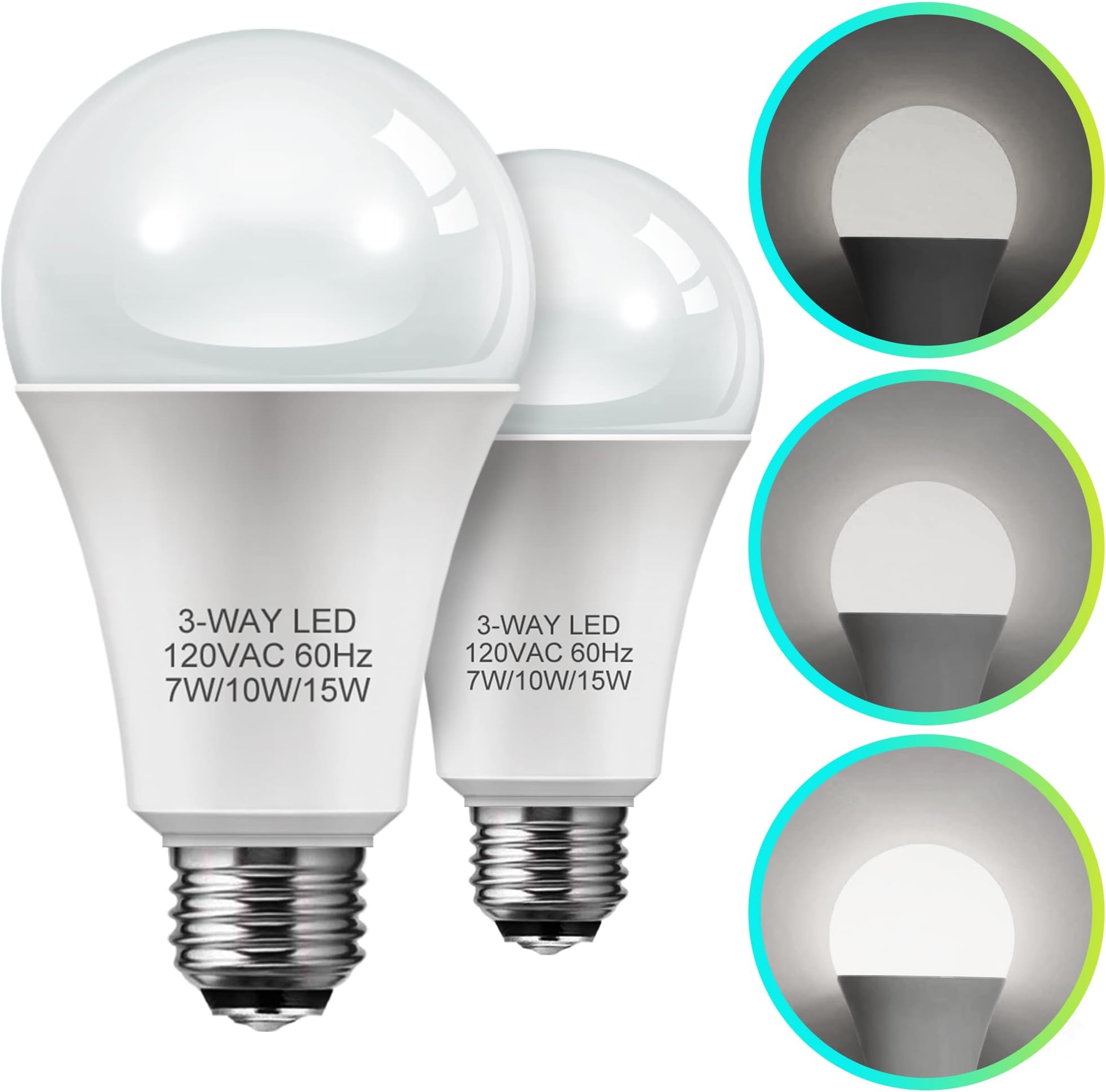 L LOHAS LED 3-Way A21 Light Bulb 50/100/150W Equivalent, 5000K Daylight, Dimmable 3 Way Frosted Light Bulbs with E26 Medium Base for Floor Lamp, Night Stand Lamps, End Table, 600/1250/1850LM, 2Pack