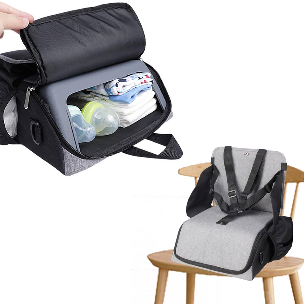 Siège rehausseur 2 en 1 avec rangement, siège pliant pour table, siège d’alimentation transportable, harnais de sécurité réglable, sac de transport pour vêtements, couches et essentiels de voyage