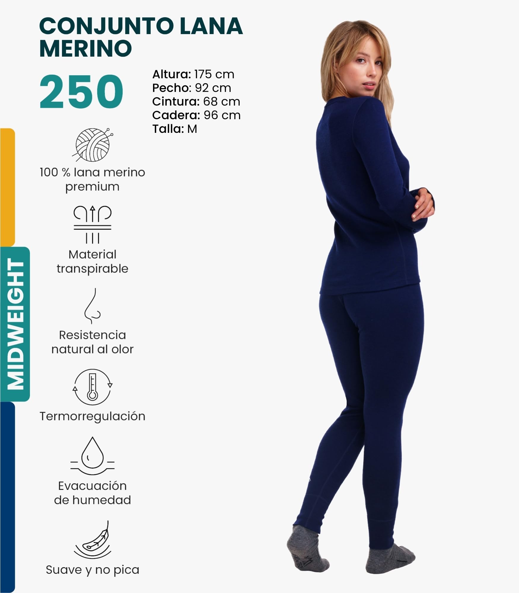 Merino.tech Conjunto Lana Merino Mujer - Termica Lana Merino con Calcetines (Medium, 250 Navy)