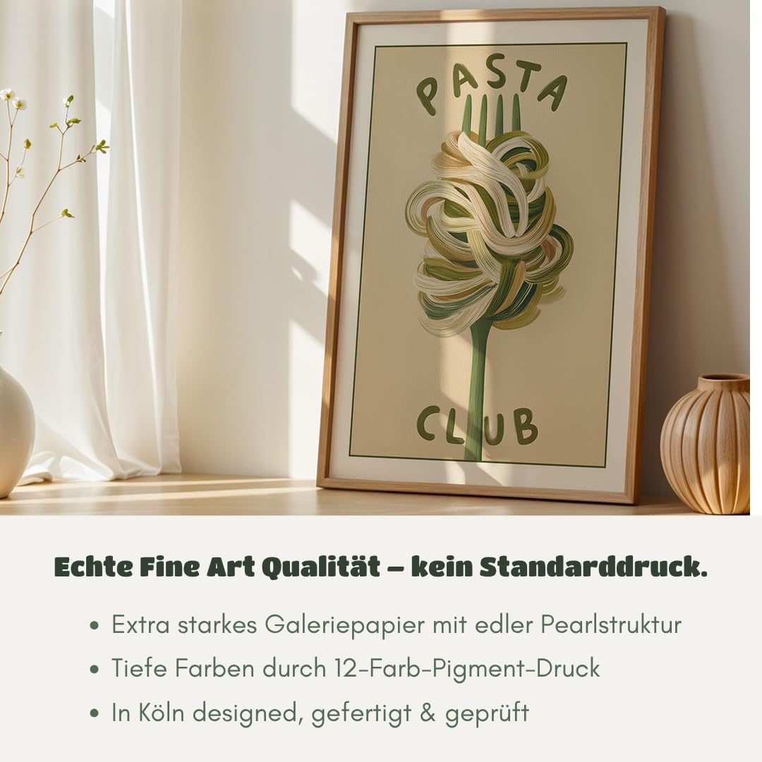 MJ-GRAPHICS® Kunstdruck Pasta Club Wandbild Illustration Fork minimalistisch warm Beige Küche Deko Poster Kunst Esszimmer Bilder Wanddeko Grafik Design A2 mit beigem Rahmen