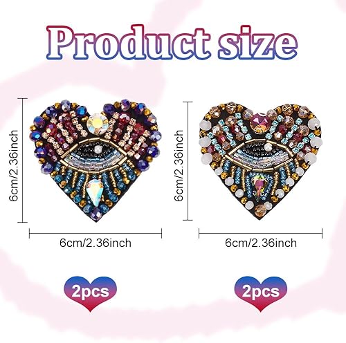 Miniatura 2 de INFUNLY 4 parches de cuentas de diamantes de imitación de ojo de corazón de 4.1 x 2.9 pulgadas, parches para coser en forma de corazón, hechos a