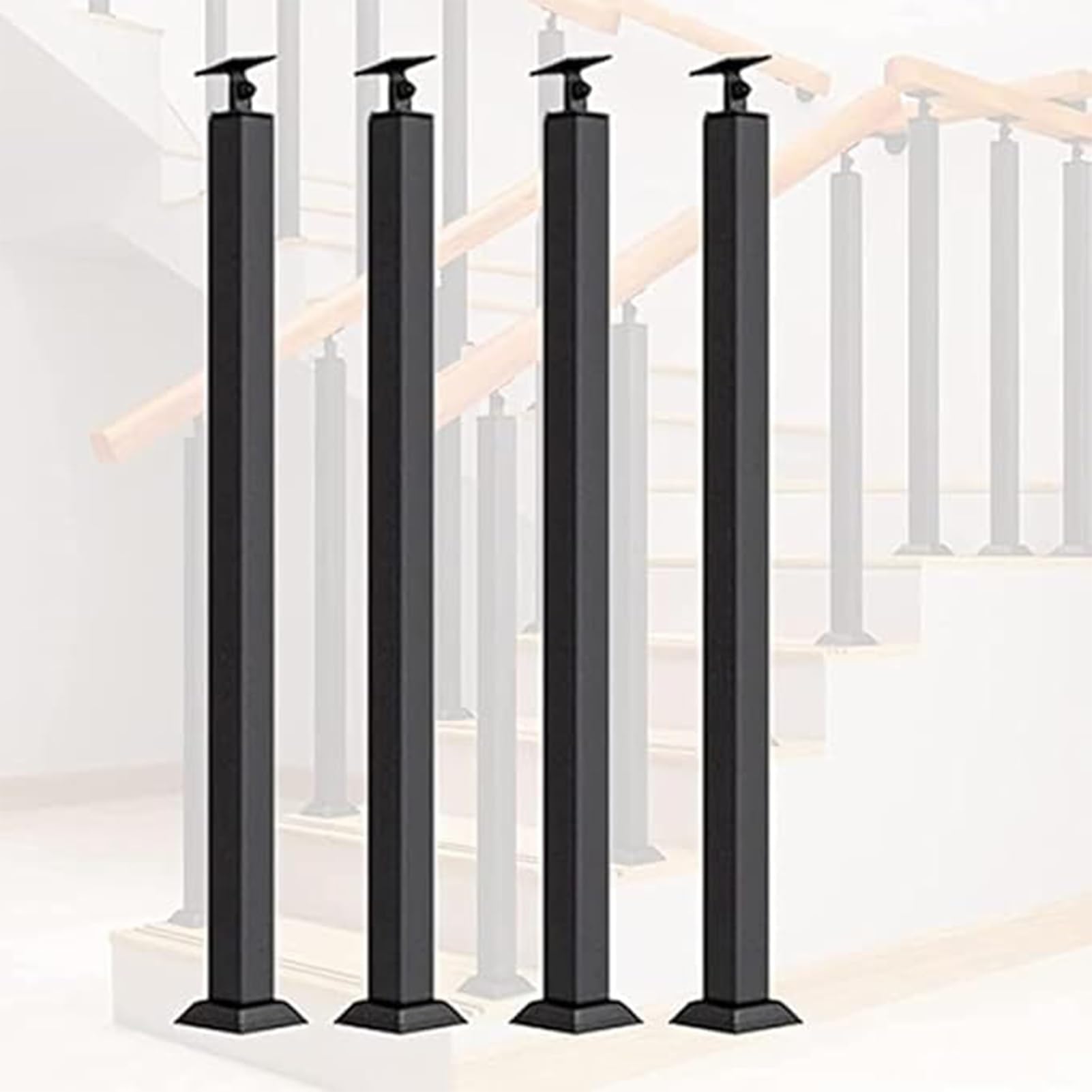 Wrought Iron Railing Spindles Kit, Black Stair Handrails Baluster Posts, Non-Slip Deck Balustrade Square Stair Railings, Floor Mount Hand Rail Support Rod(4pcs,90cm/35.4in)