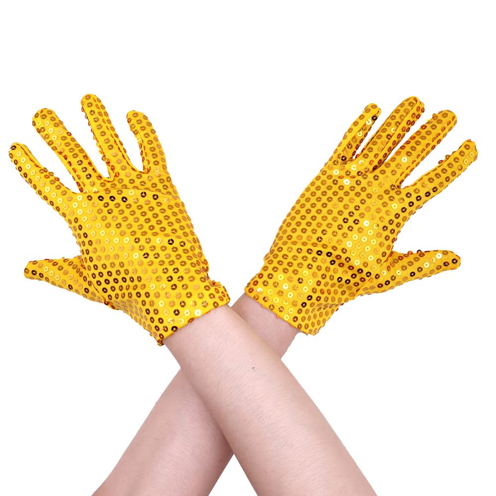 Aniler Unisex Wrist Length Full Finger Sequin Solid Color 80s Sparkling Glitter Costume Cosplay Party Short Gloves, Yellow, One size — image 1