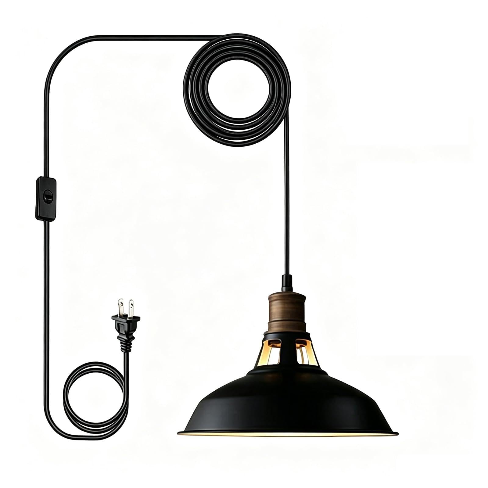 CLAXY Lámpara colgante de granero industrial con enchufe negro, cable de 197 pulgadas con interruptor de encendido/apagado