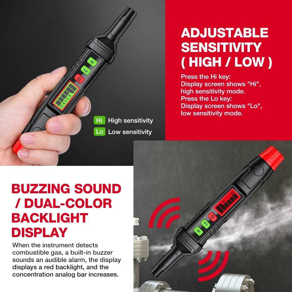 HT61 Gas Leak Detector showing adjustable sensitivity settings