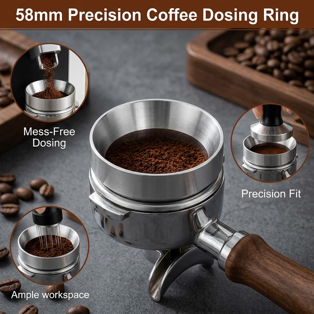 Anillo Dosificador Café 58mm Magnético Embudo Dosificador de Aleación de Aluminio Compatible con Portafiltro 58mm Espresso para Cafetera Espresso, Antisalpicaduras, Fácil de Usar y Limpiar
