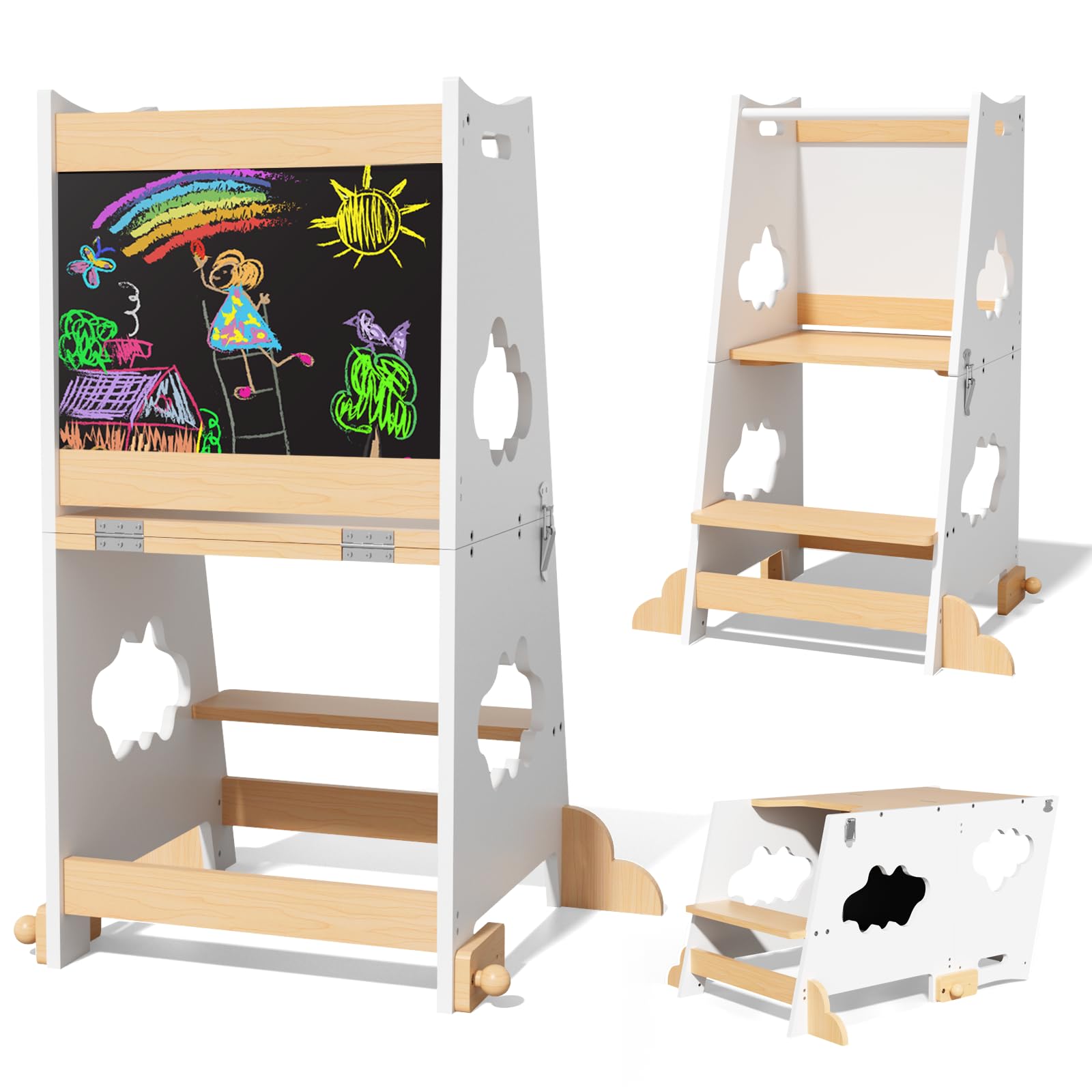 KIDINIX Learning Tower, 3 in 1, Torre di apprendimento Montessori, a partire da 1 anno, con ringhiera di sicurezza e lavagna, pieghevole, per bambini, con funzione tavolo, per cucina, bagno, natura e
