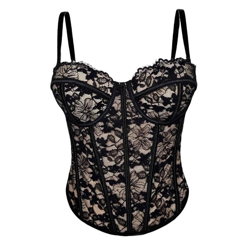 Corset femme bustier en dentelle noire et maille sexy