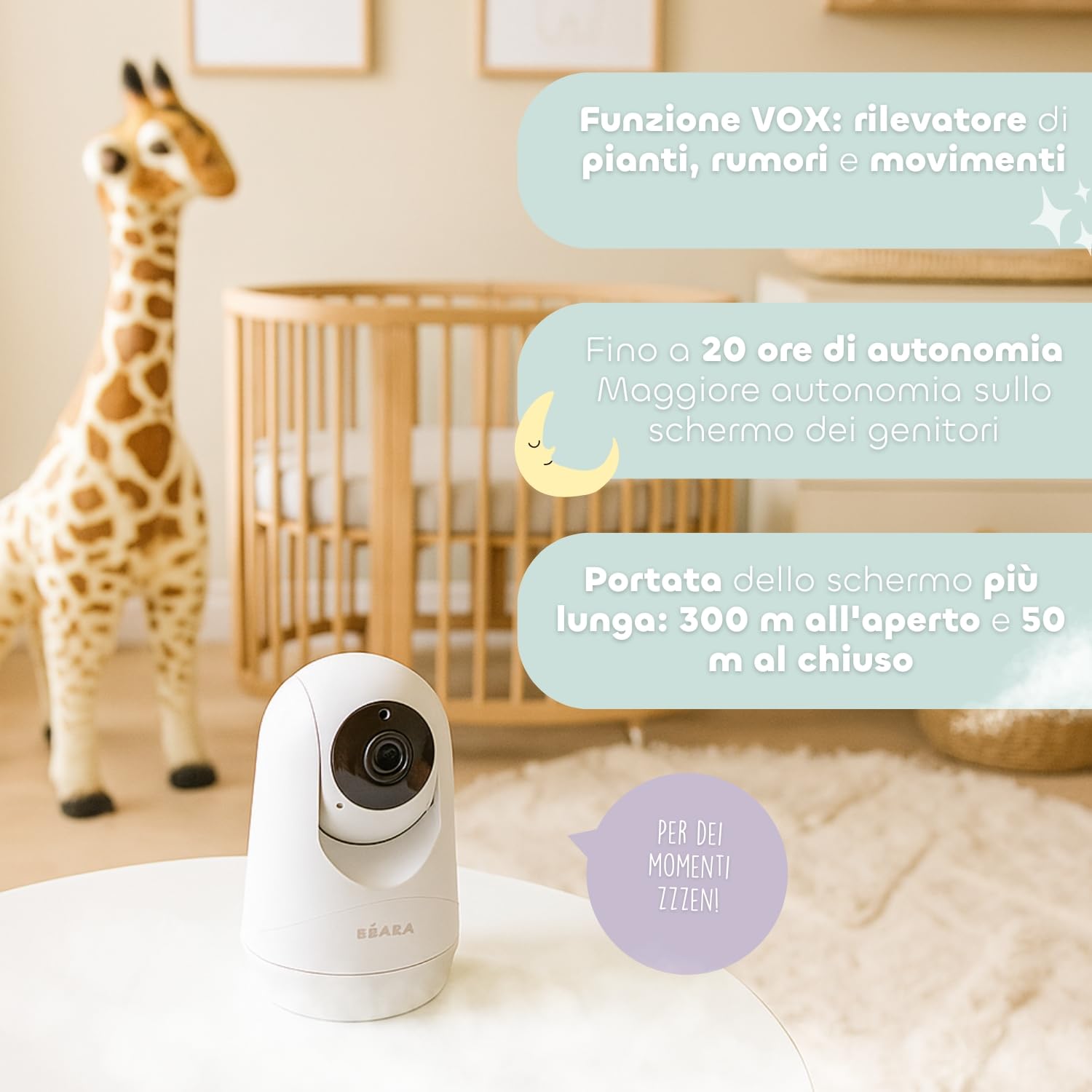 BÉABA, Baby Monitor Camera Zen Plus 2 - Camera 360°, Schermo HD da 5 Pollici, Visione Notturna, Talkie-Walkie, Termometro, 8 Ninne Nanne, Portata 300 m, Batteria 20h, 4 Videocamere Collegabili, Bianco