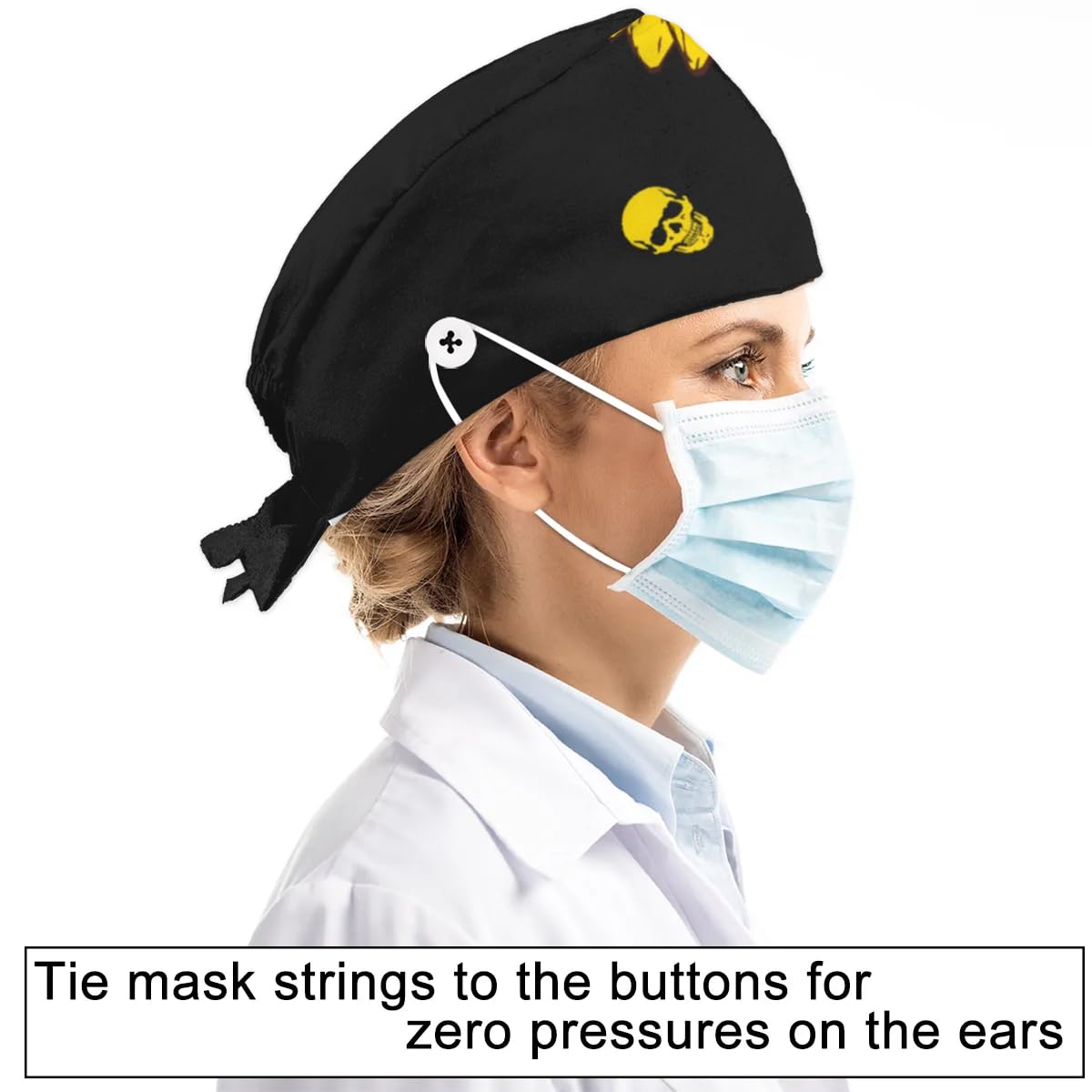 Mularoka Skulls Sunflower Working Caps with Button Sweatband Comfortable Adjustable Bouffant Hats Work Hat for Women Men