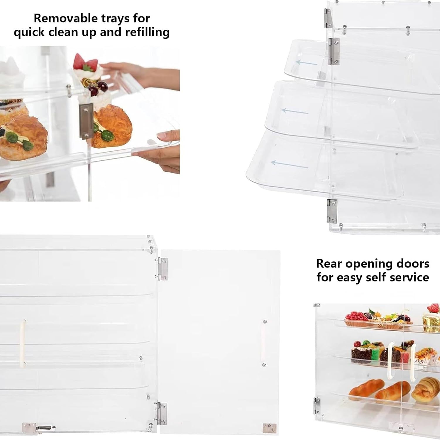 Pastry Display Case Bakery Display Case para Postres with Slanted Front Removable Trays Magnetic Back Doors Clear Acrylic Rear Door Access for Pastry Desserts Food Cookie