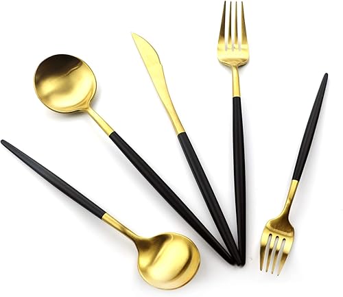 Miniatura 1 de Gugrida Juego de cubiertos de acero inoxidable 1810 con mango negro dorado mate, juego de cubiertos negro titanio, juego de utensilios para el hogar