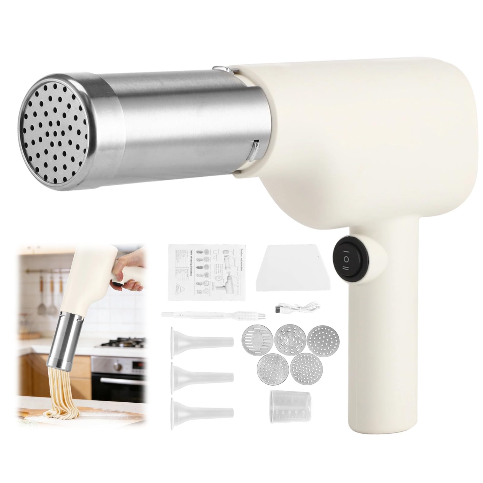 Photo 1 of 5-in-1 Automatic Electric Pasta Maker, Cordless Handheld Noodle Maker with 5 Shaping Discs & 3 Sausage Tubes, Rechargeable Pasta Machine for Home Kitchen Breakfast Store Restaurant