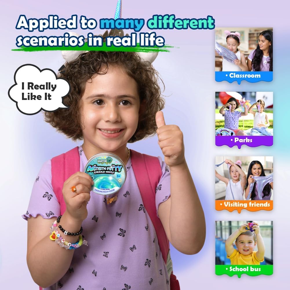 WATERELF Pâte Sensorielle Pailletée – Slime Non Toxique 90 G, Bleu-vert, Anti-stress – Pour Enfants Et Adultes – Boîte En Aluminium