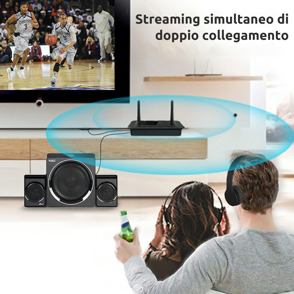 1Mii B03 Trasmettitore Bluetooth 5.3 per TV, Ricevitore Adattatore Audio HiFi aptX Bassa Latenza 3.5mm AUX/Ottico, Dual Link per 2 Cuffie BT, Soundbar, Impianto Stereo Lungo Raggio