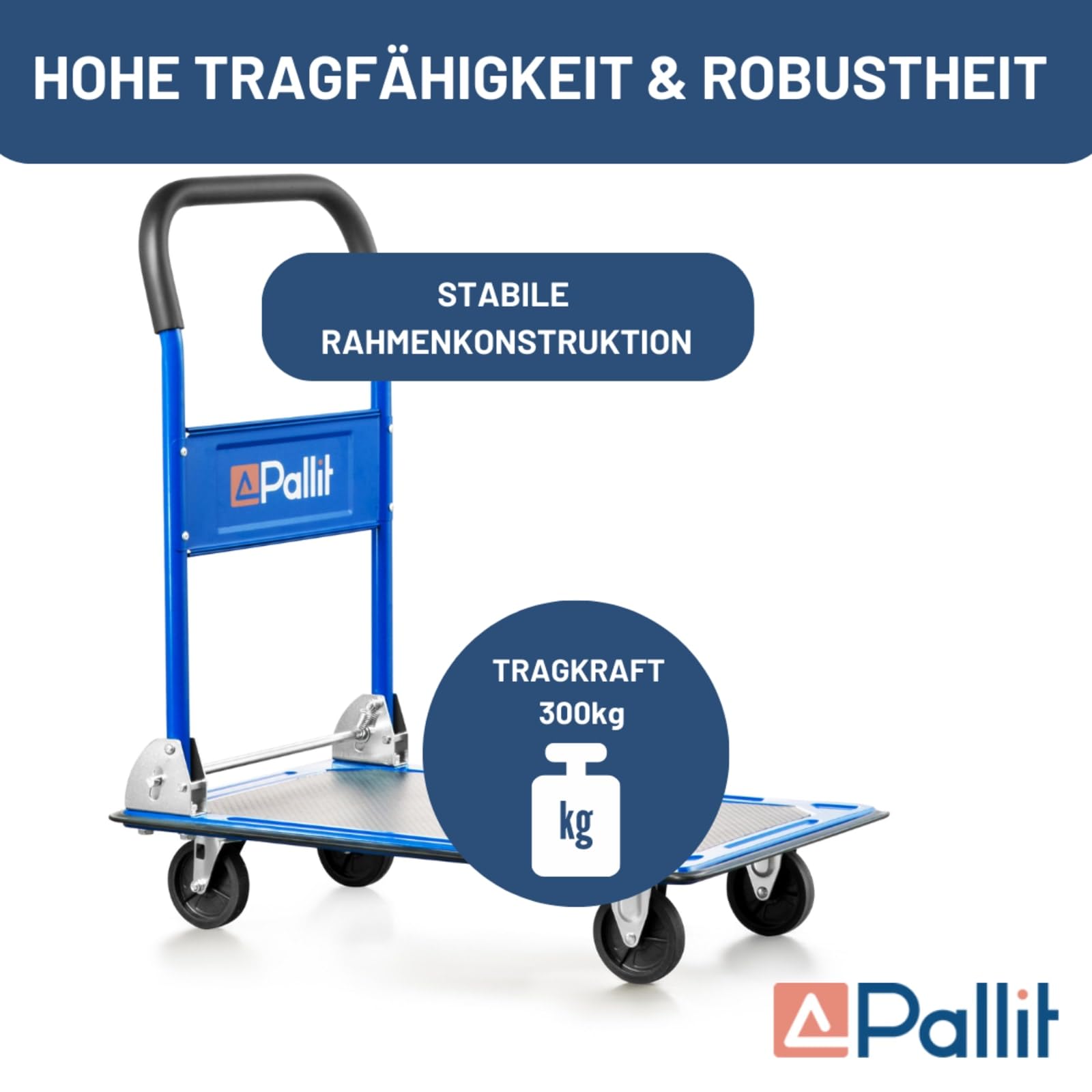 Pallit Carro de transporte plegable carretilla traspaleta manual en color azul, capacidad de carga de 300 kg, plegable, con revestimiento antideslizante, ayuda de transporte