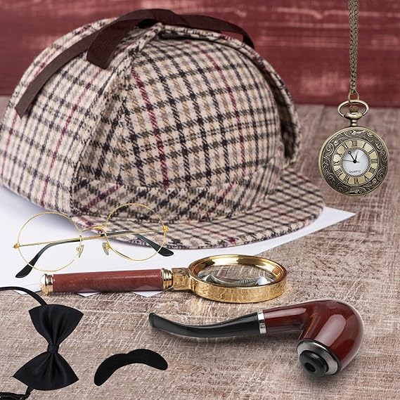 Juego de 7 accesorios para disfraz de detective Sherlock Holmes, sombrero, gafas, bigote, pajarita con lupa, accesorios de cosplay para hombre adulto