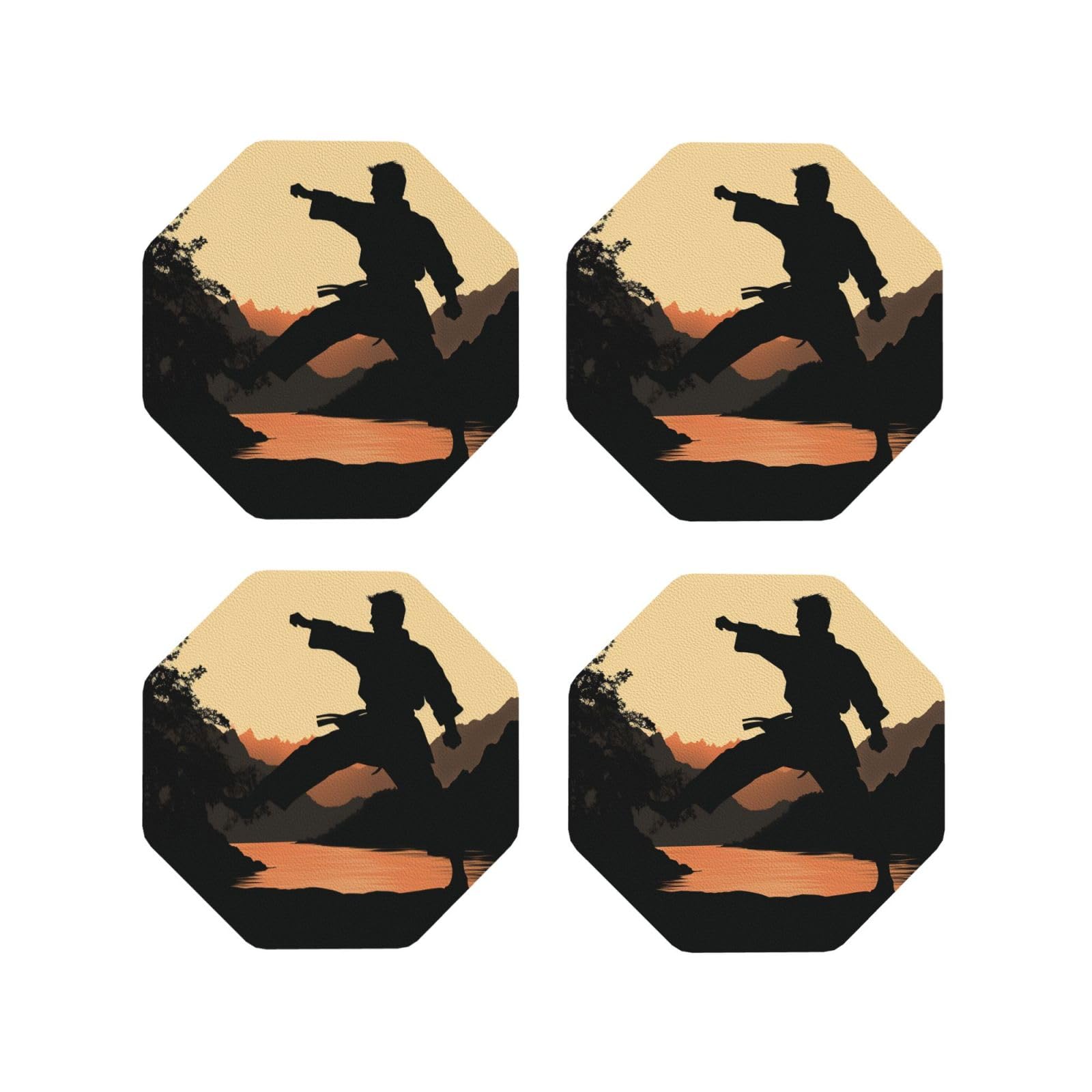 4Pcs PU Leather Coaster for Drinks, Karate Cup Coastersr 4" Cup Mat Pad, Aesthetic Drink Coasters for Coffee Table, Octagon Coaster for Tabletop Protection