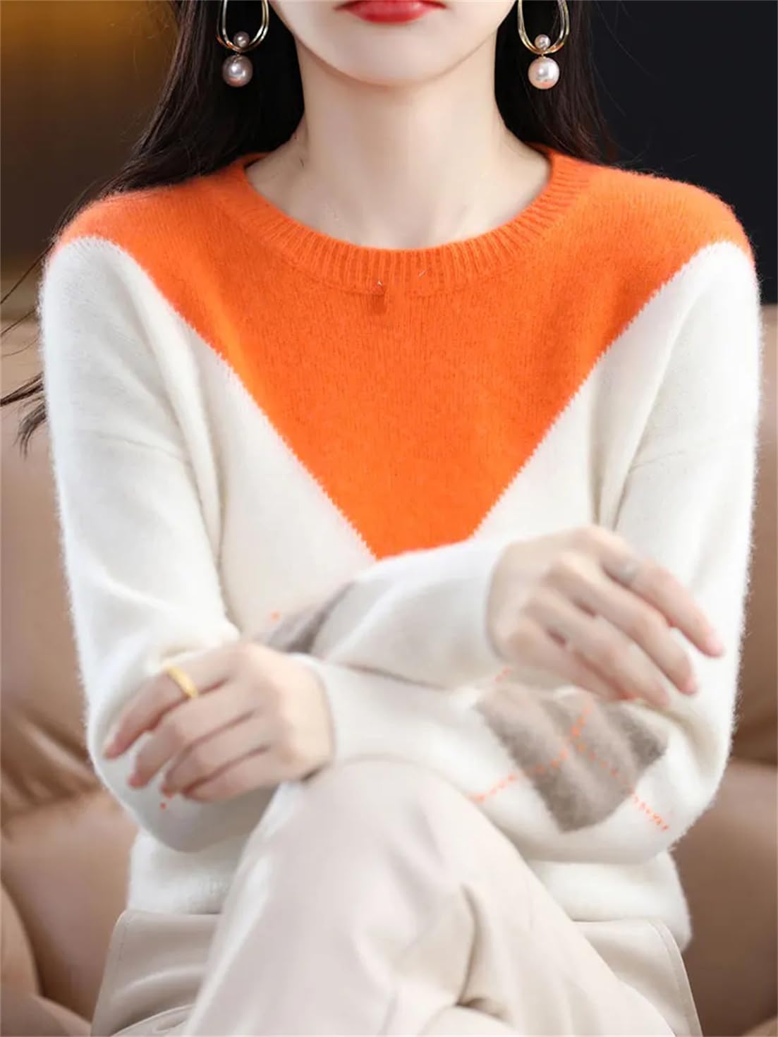 Maglione da Donna in Maglia Girocollo 100% Lana Pullover con Motivo A Rombi Larghi Top Abbinati
