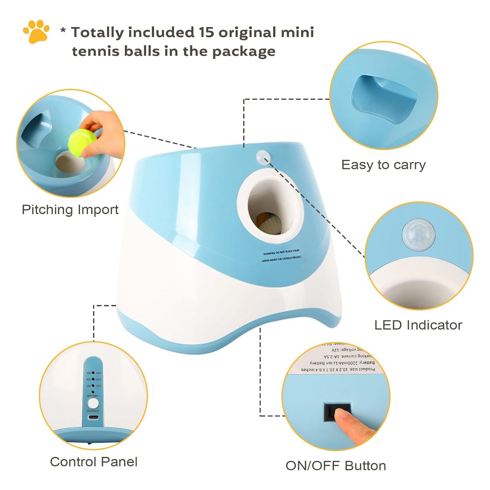 Lanzador automático de pelotas para perros, mini lanzador de pelotas de tenis, con 15 mini pelotas de tenis, juguete interactivo de entrenamiento para perros pequeños, interior y exterior