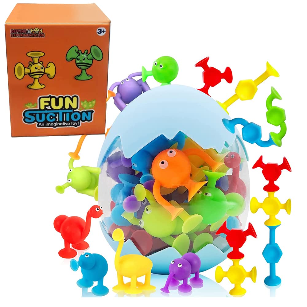 Suction Cup Bath Toys 27 PCS - Silicone Travel and Window Toy for Kids Ages 3-8 Boys Girls - Sensory Toy With Dinosaur Eggshell Storage