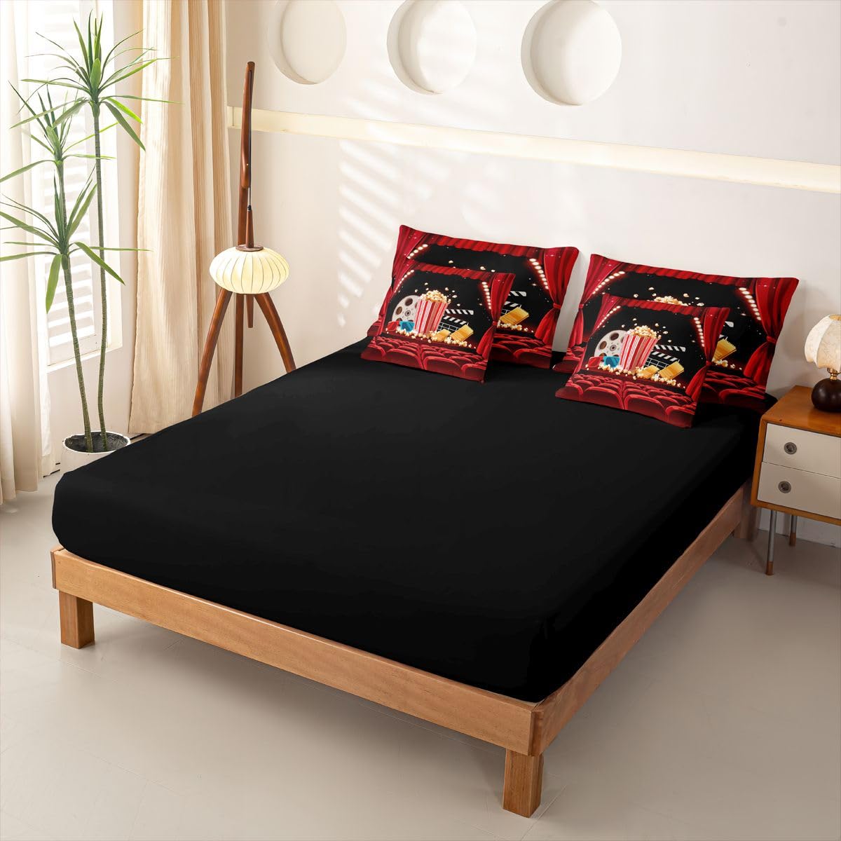 Loussiesd Set di biancheria da letto con copripiumino a tema cinema, 7 pezzi, super king size, stile cinema, per bambini, ragazzi e ragazze, stampa popcorn, decorazione per la stanza, morbida e