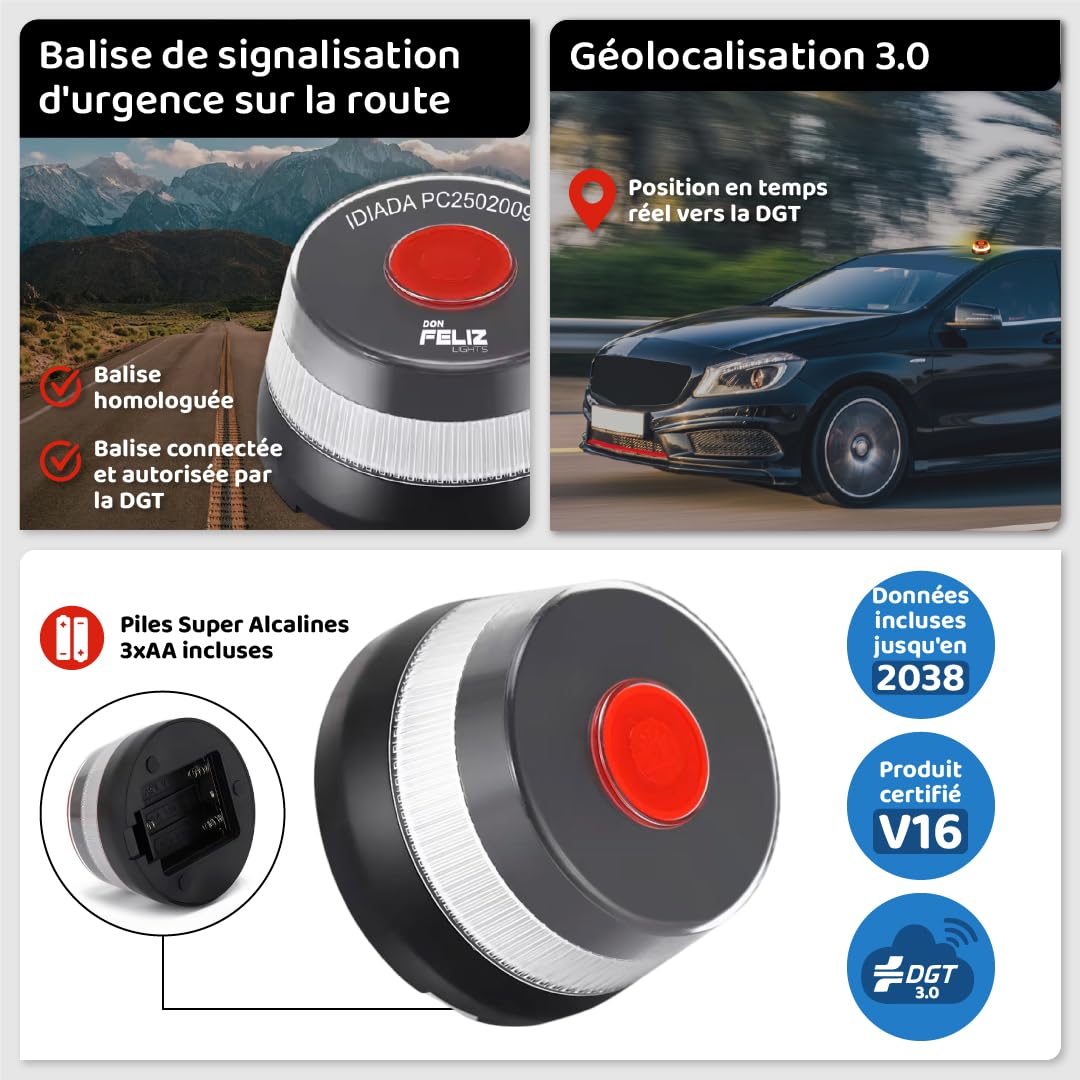 Gyrophare LED V16 Homologué DGT Espagne Balise Voiture Secours Géolocalisation Connexion Jusqu'en 2038 Base Magnétique Étanche IP54