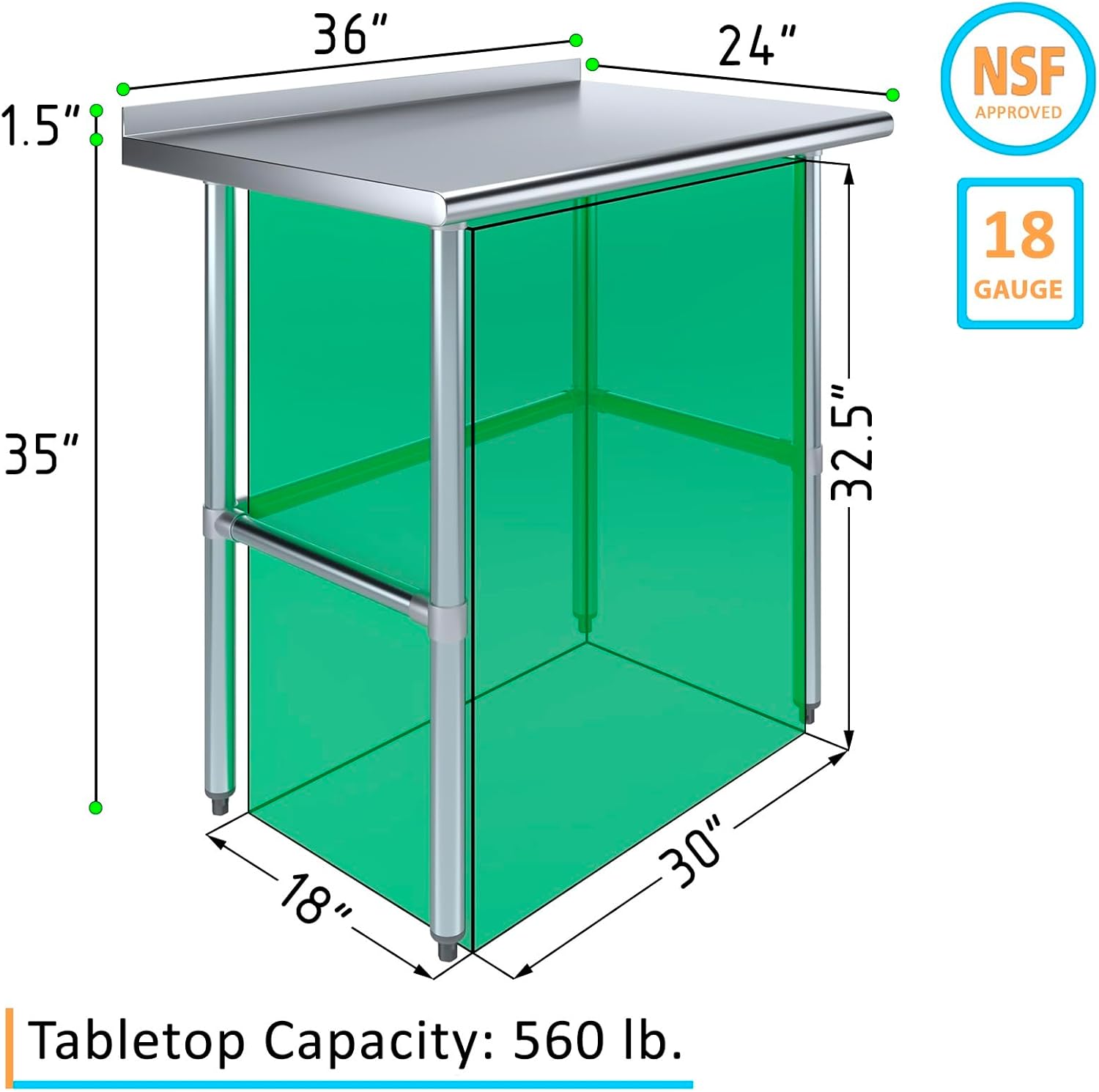 36" x 24" Stainless Steel Work Table with 1.5" Backsplash | Open Base Commercial Prep Table | NSF Certified Metal Workstation for Kitchen, Bakery, or Utility Use