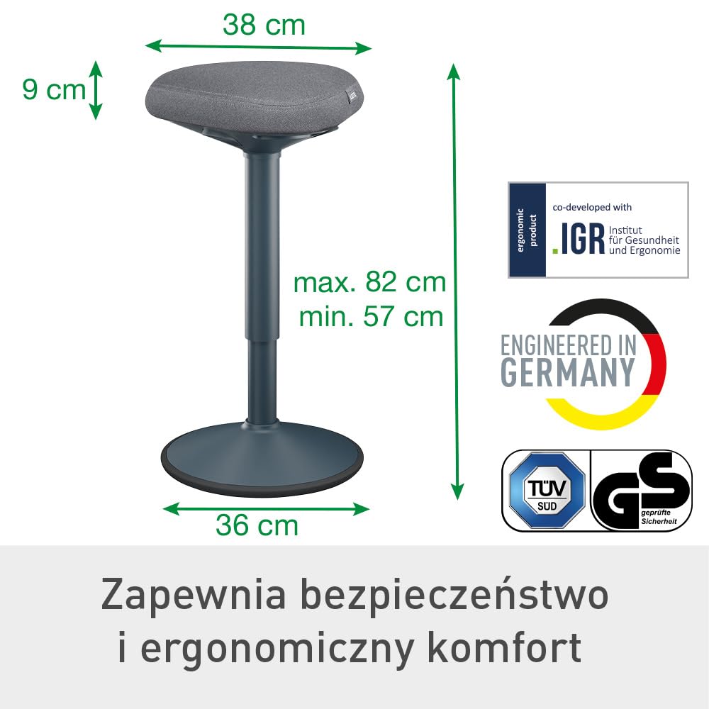 Stołek Leitz Ergo Active z Unikalną Komfortową Poduszką z Pianki o Podwójnej Gęstości, Regulowana Wysokość od 57 do 82cm, Siedzisko w 100% z Recyklingu, Udźwig 110kg, Seria Ergo, Ciemnoszary, 65450089