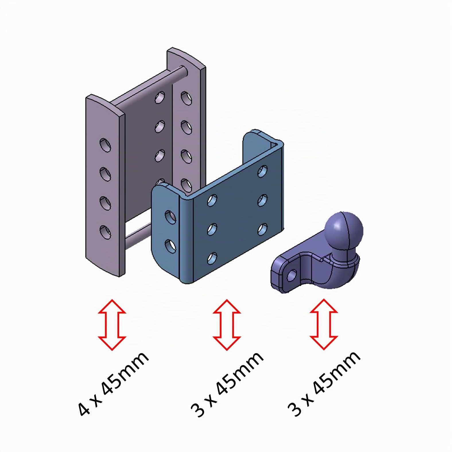 XIMPLIO Attelage universel réglable en hauteur – Réglage de la hauteur de boule avec systčme de changement AHK-Bock (pour 2 trous 90 mm AHK, noir, 3 x 45 mm)