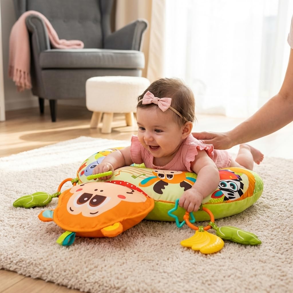 BALIBAZOO Tummy Time Bauchlage Kissen Baby - BPA-Frei Spielkissen ab 0+ Monaten - Sensorisch Bauchkissen mit Knisterpapier, Beißring, Quietscher und Rassel - Ideal zur Förderung der Bauchlage