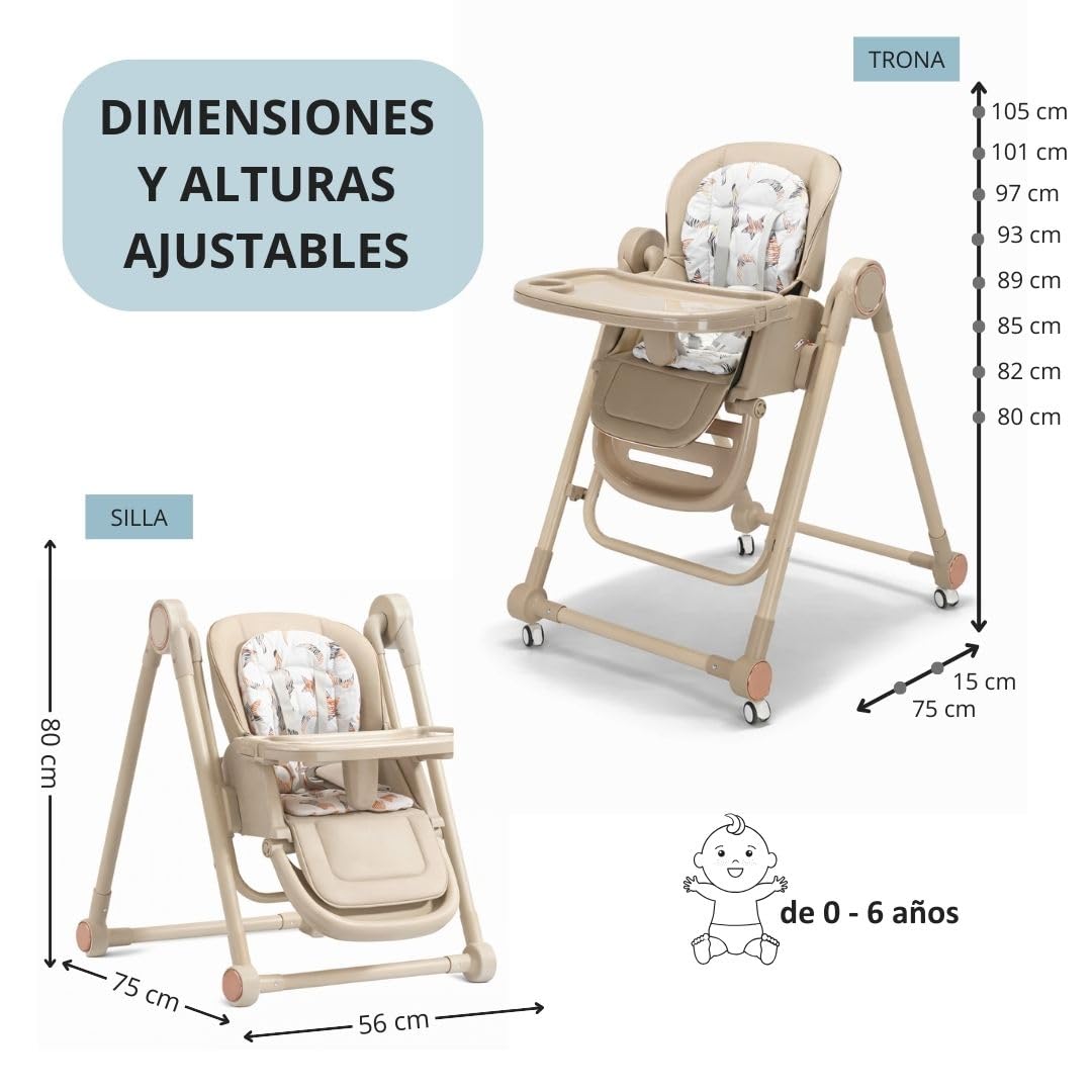 BATHBY Trona Evolutiva 3 en 1 – Plegable y Portátil, con Altura, Reposapiés, Respaldo y Bandeja todo Ajustables, 8 Niveles de Regulación y Sistema de Seguridad, Hasta 6 Años (Marrón)