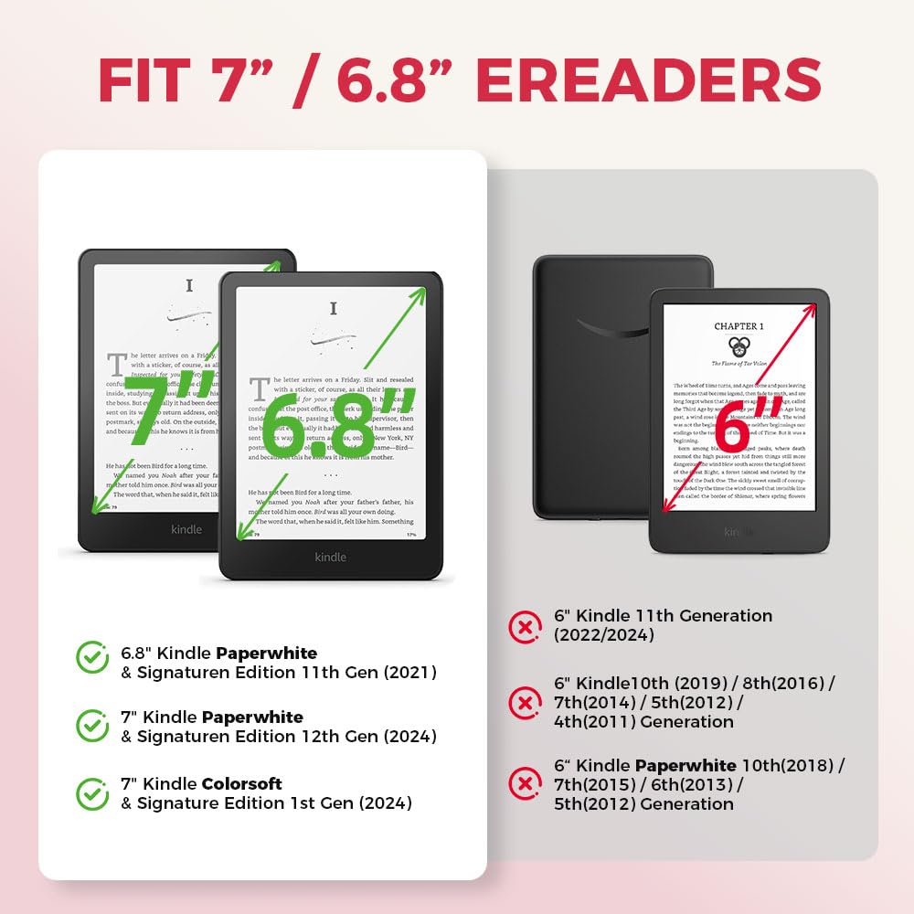 Custodia rosa con fiocco di ciliegia per ereader da 7"/6", compatibile con Kindle Paperwhite 12a/11a generazione, MEEBOOK, PocketBook, Boox, Colorsoft, graziosa custodia per libri con cinturino da