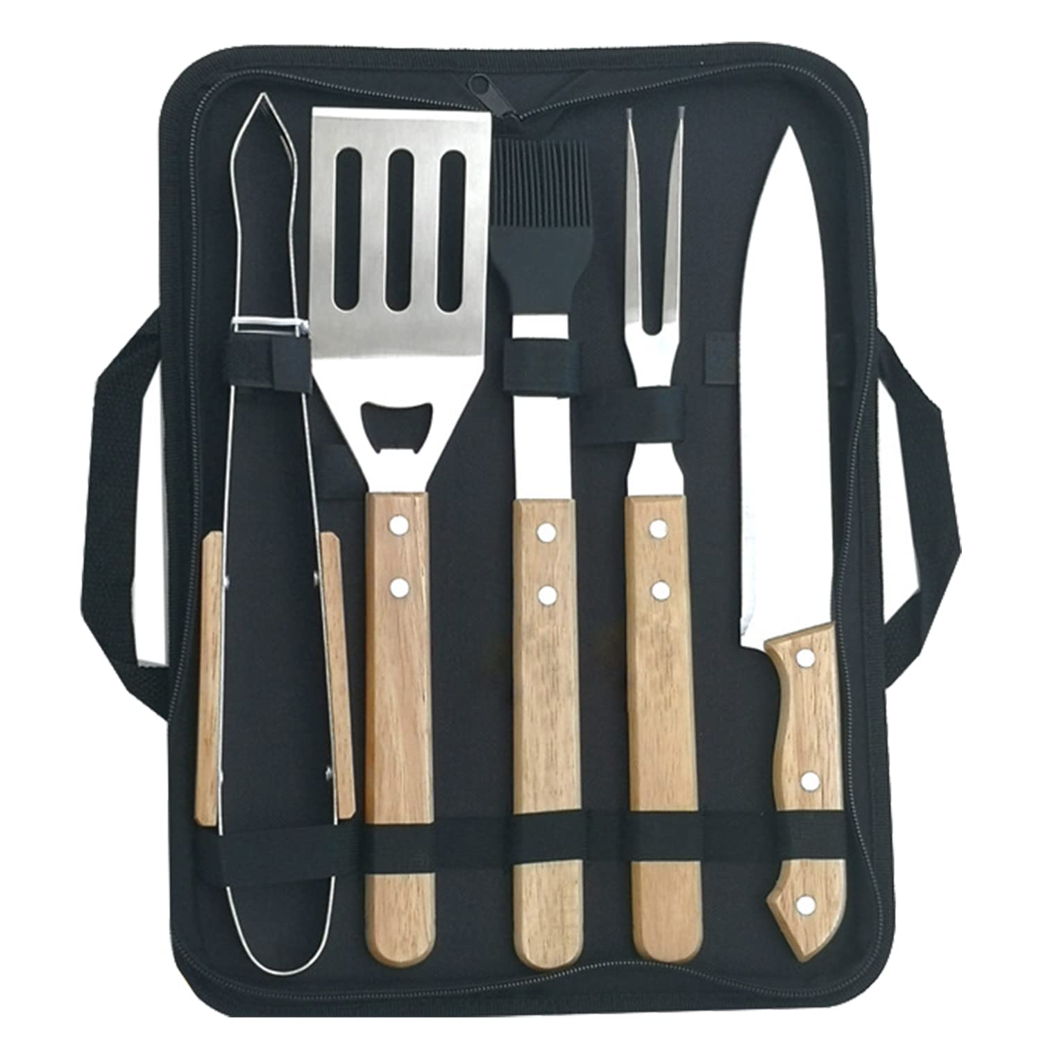 Occuwzz Deluxe BBQ Grill Tool Set with Oakwood Handles, Heavy Duty Grill Accessories Grilling Tools Set Grill Utensils, Stainless Steel Grill Spatula, Tongs, Fork, Knife and BBQ Brush