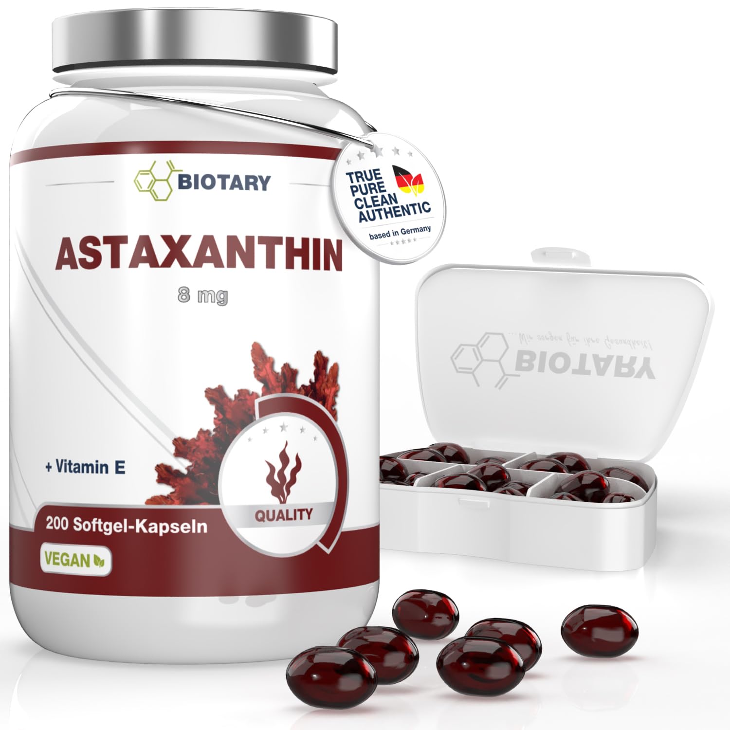 Astaxantina 8 mg 200 capsule vegetali vegane e naturali, con vitamina E, scatola di pillole inclusa, testata in laboratorio, Haematococcus Pluvialis, fornitura da 6 a 7 me