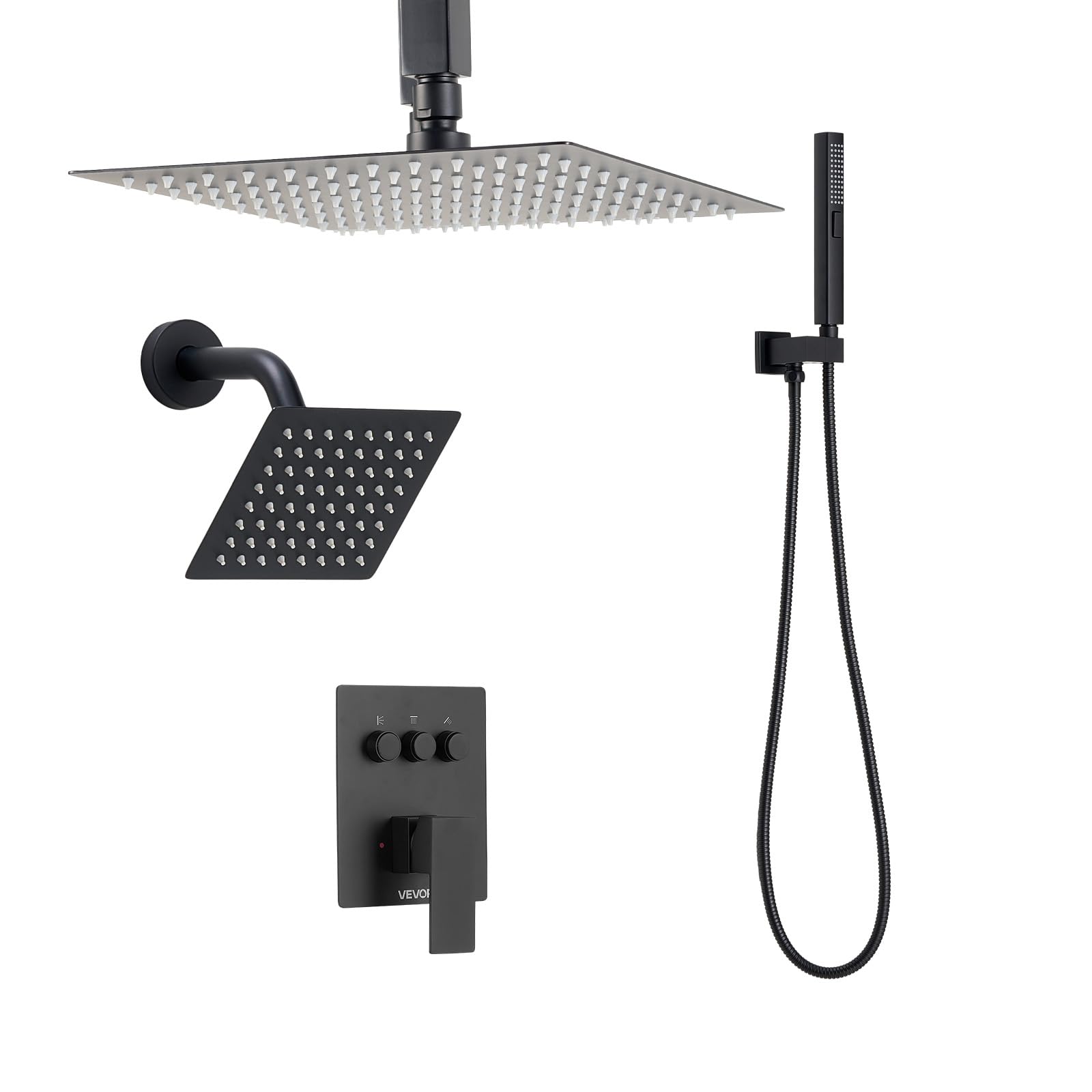 VEVOR Sistema de Ducha, Incluye Ducha de Lluvia de 25,4 cm, Cabezal de Pared de 15,24 cm, Cabezal de Lluvia Doble Giratorio 3 Funciones, Válvula de Latón y Kit de Embellecedor, Color Negro Mate
