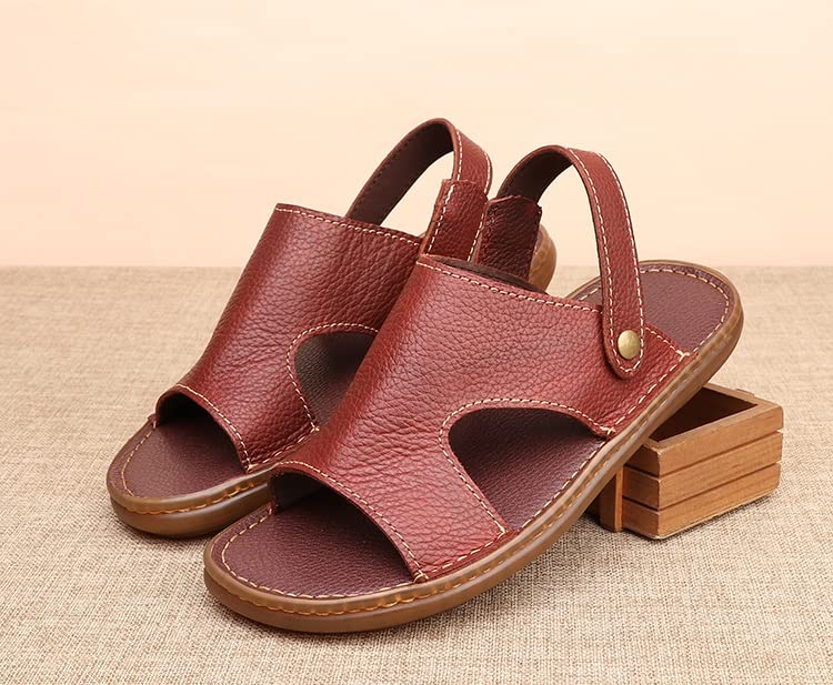 Men Leather Sandals Classic Shoes Slippers Soft Sandals Roman Comfortable Outdoor Beach Walking Footwear(White-Patch Five-Pointed star4,41 Code)3