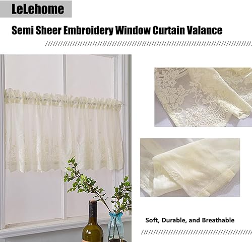 Miniatura 2 de Cenefa transparente para ventana, 1 panel, 51 x 16 pulgadas, cortina filtrante de luz, borde de encaje, bolsillo para barra, cocina, baño,