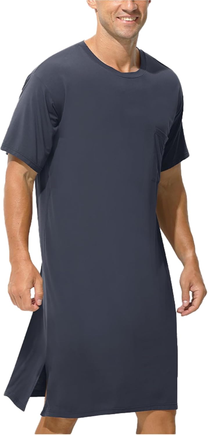 Mens Nightgown Short Sleeve Lounge Sleep Henley Shirt Pajama Big & Tall Nightshirt Comfy Nightwear L-3XL