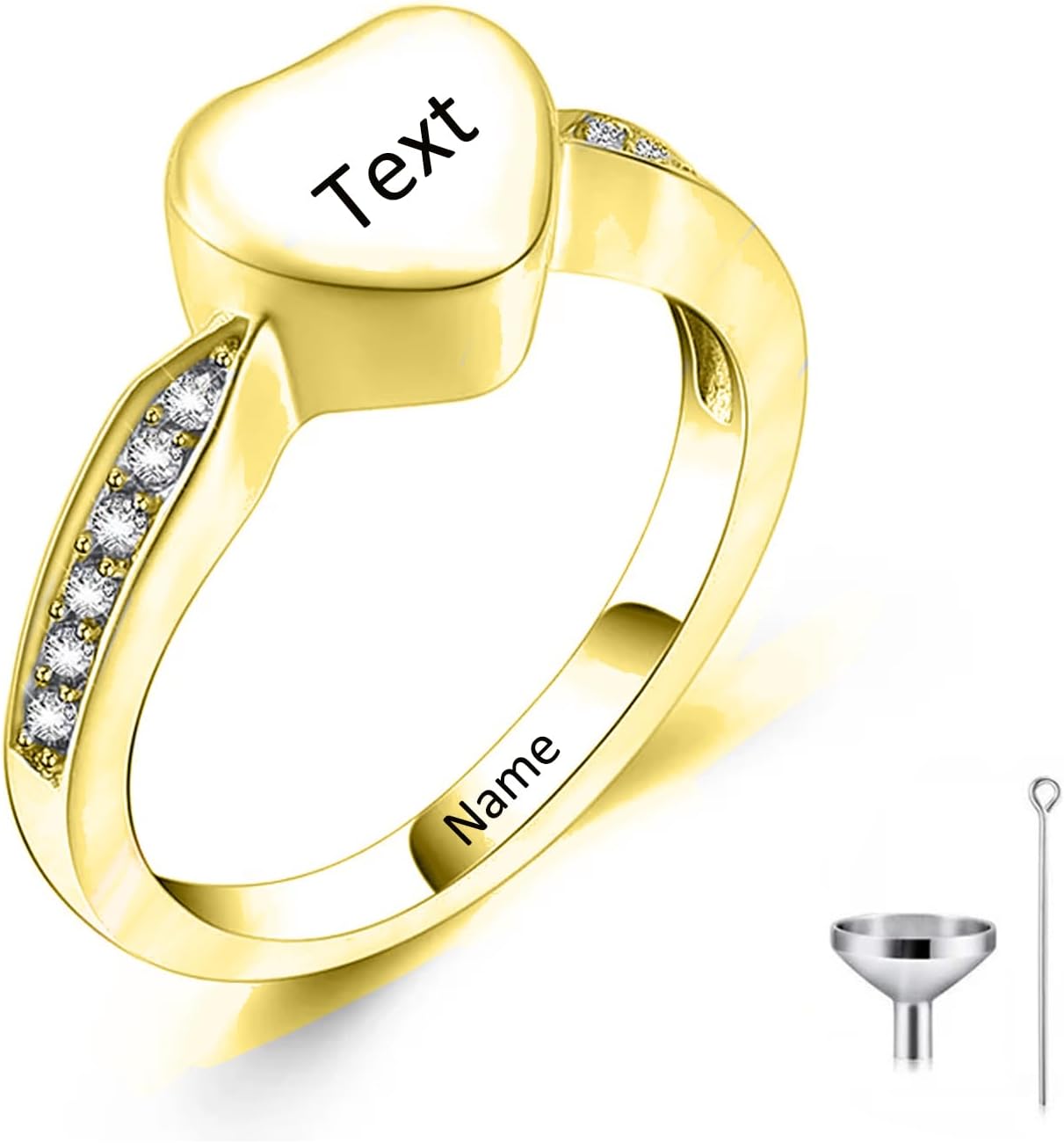Heart Urn Rings for Ashes for Women 10K 14K 18K Real Gold Cremation Ring Holds Loved Ones Ashes, Personalized Memorial Keepsake Ring with Cubic Zirconia Engraved Name Jewelry