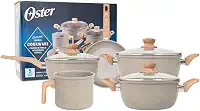 OSTER JOGO DE PANELAS E LEITEIRA MARBLE EDITION CINZA DUST – 5 PEÇAS COM REVESTIMENTO CERÂMICO ANTIADERENTE, ALÇAS EM SILICONE ANTITÉRMICO E BASE COMPATÍVEL COM INDUÇÃO
